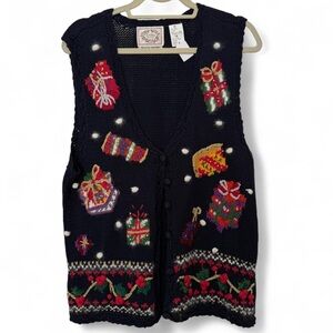 vintage navy blue embroidered grandma christmas sweater vest size medium